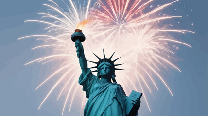 Iconic Statue of Liberty illuminated by vibrant fireworks display over a clear blue sky © Mignonette Desire