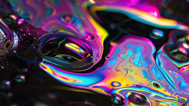 xtreme Macro of Iridescent Soap Bubble Surface Texture &ndash; Flowing Rainbow Oil Slick Colors, Dark Background, Abstract and Surreal, Huge Empty Space for Text Overlay