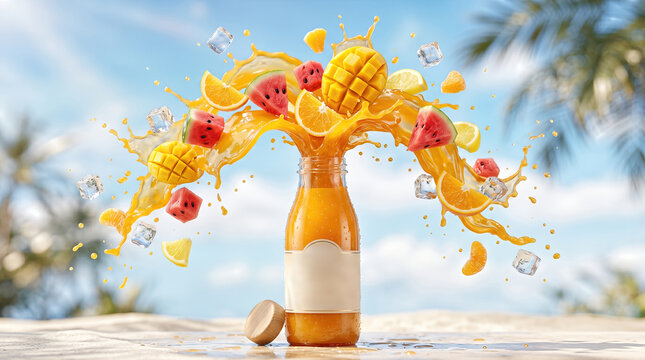 Vibrant fruit juice explosion with mango, watermelon, and citrus slices splashing from a glass bottle against a tropical background with palm leaves and bright blue sky