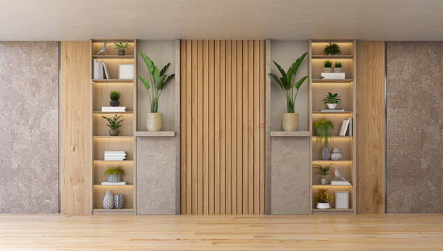 3D render of a tropical style interior backdrop featuring warm wood slats, textured stone walls, built-in shelving, and large green potted plants. Excellent for summer-themed product mockups and natur