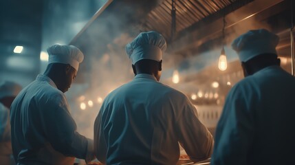 Obraz premium Culinary Experts Preparing Meals in Bustling Commercial Kitchen with Atmospheric Steam and Warm Lighting