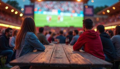 Fototapeta premium Enjoying a soccer match on a large outdoor big screen.