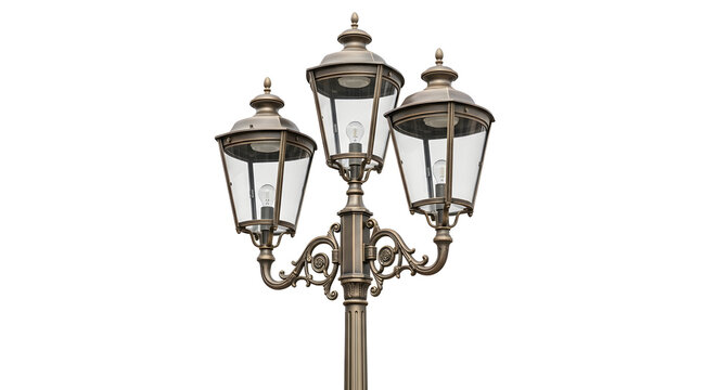 Ornate Street Lamp Post: A classic, three-headed street lamp post with intricate metalwork, featuring glass lanterns, stands elegantly against a clean backdrop.