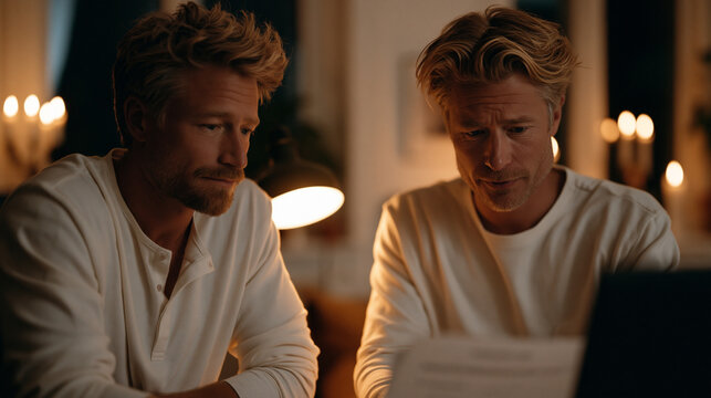 Two co-founders reviewing a vesting schedule document under a single desk lamp in a dimly lit home office, candlelit atmosphere, concentrated expressions, startup equity culture and long-term commit