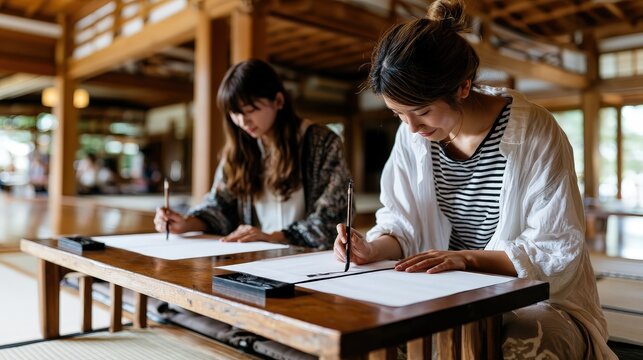 young woman learning japanese calligraphy at a temple