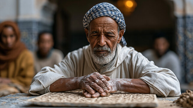 Traditional Moroccan tilemaker pressing geometric patterns into raw clay in a crowded medina workshop, apprentices watching intently, dust-coated hands shaping centuries-old zellige craft techniques