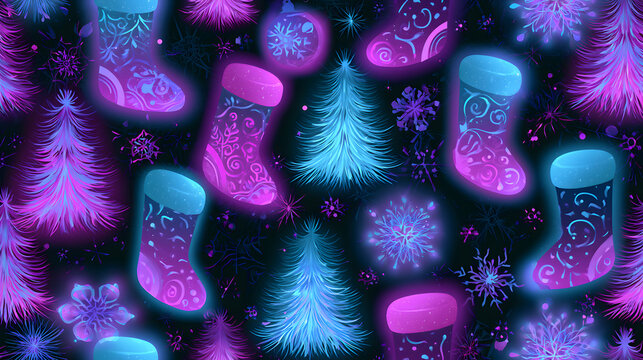 Repeatable holiday surface pattern with glowing christmas icons and playful modern style