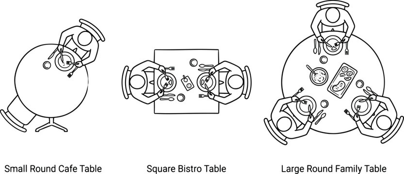 Top view restaurant table seating layouts with small round cafe square bistro and large round family table dining options vector illustration