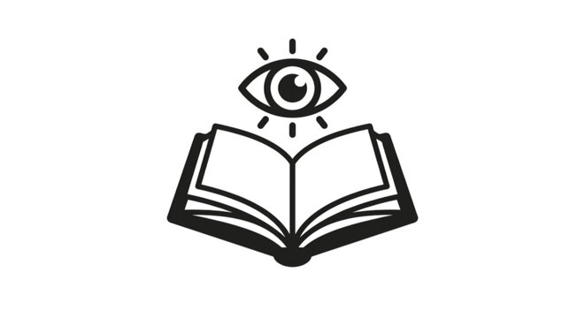Conceptual linear illustration showing an open book with a human vision eye vector image floating above it symbolizing knowledge wisdom and learning