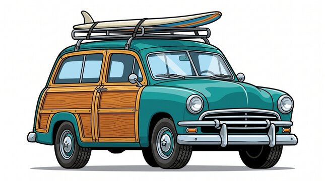 Vintage wood-paneled station wagon with surfboard on roof rack, ready for adventure
