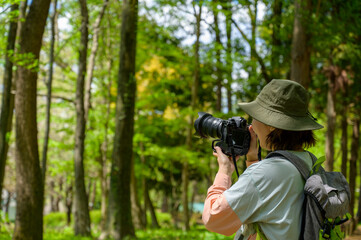 Fototapeta premium カメラで撮影をする日本人女性の後ろ姿