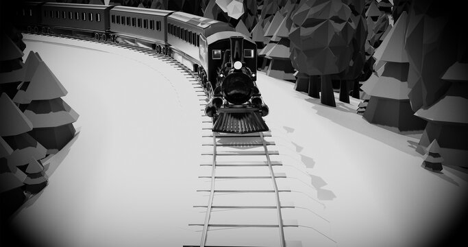 Train, mountains and trees. Summer holiday. Time to travel. 3d render illustration.