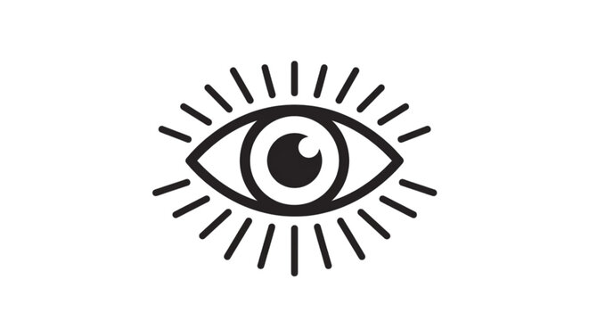 Minimalist tribal style icon displaying a wide open mystical third eye vector image surrounded by decorative short linear eyelashes or sunburst rays