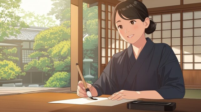young woman enjoying a japanese calligraphy experience