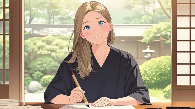 young woman enjoying a japanese calligraphy experience