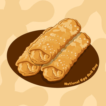 A delightful vector graphic featuring three crispy, golden-brown fried egg rolls stacked on a brown oval background to celebrate National Egg Roll Day, June 10th