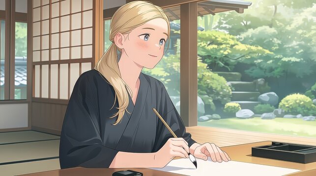 young caucasian woman learning japanese calligraphy at a temple