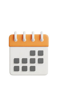 3d calendar icon with orange header and white pages isolated on transparent background.
