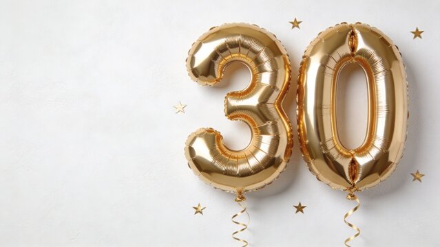 Gold foil balloons spelling number 30 on white textured background with copy space, golden metallic 30th birthday anniversary celebration banner, event invitation card layout template
