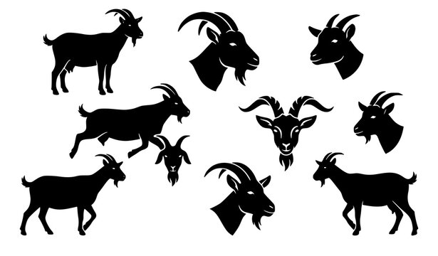Goat head and full body silhouette vector illustration set isolated on white
