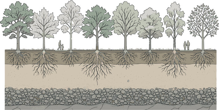 Hand drawn line of different forest trees showing underground root systems soil layers and tiny people silhouettes vector illustration