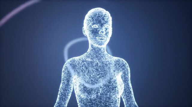 A futuristic digital representation of a human, conveying innovation and technology in a dark blue background with neon accents.