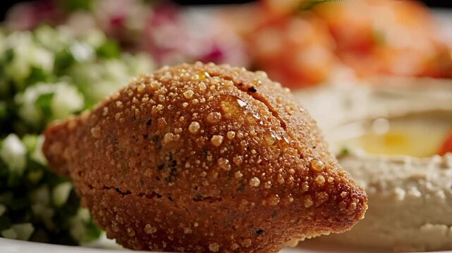 Delicious Middle Eastern Kibbeh with Fresh Tabbouleh and Creamy Hummus Platter.
