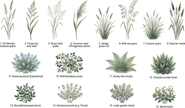 Botanical collection of hand drawn wild grasses and garden shrubs icons including fern reeds and flowering bushes watercolor vector illustration