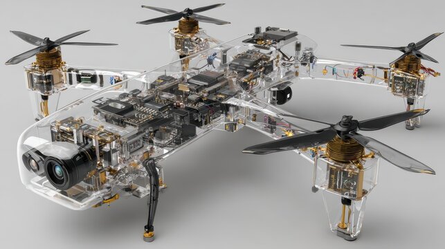 Transparent quadcopter drone with visible internal electronic components and camera lens