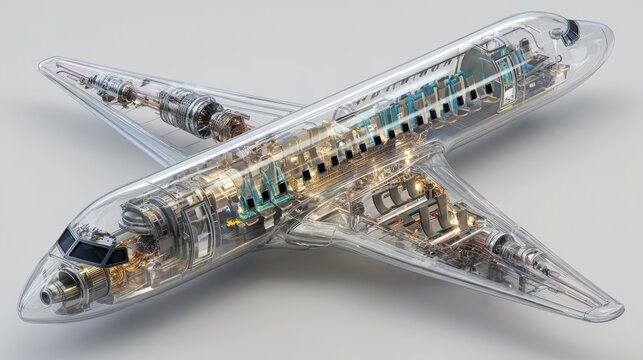 Transparent airplane cross section showing interior cabin and engine mechanics