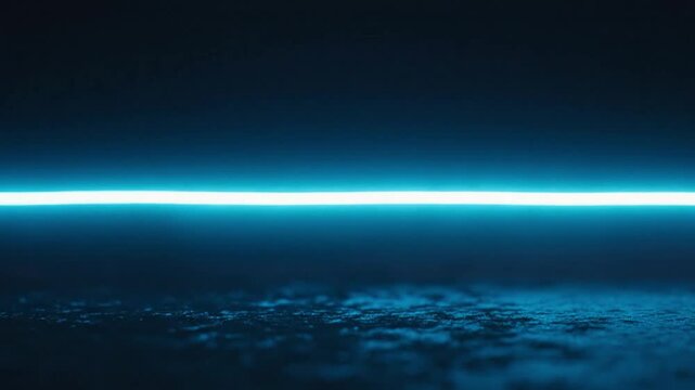 A thin, glowing neon blue light line stretches across a dark, reflective surface with subtle texture