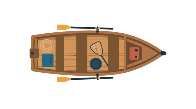 Classic wooden rowing boat viewed from above.