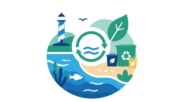 Circular environmental illustration featuring ocean waves lighthouse and nature elements.