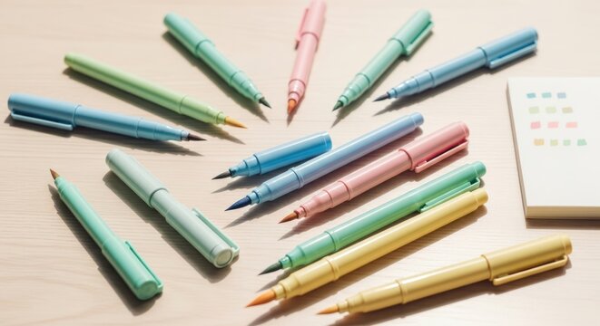 Creative art supplies with colorful brush pens on a wooden surface.