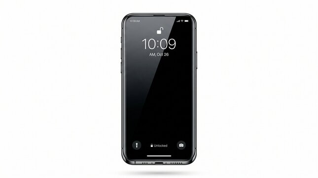 Modern smartphone mockup with dark screen interface, sleek mobile phone on white background, generic touchscreen device for app design presentation
