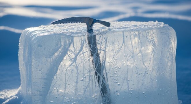 Ice pick stuck in a block of ice on a sunny winter day.