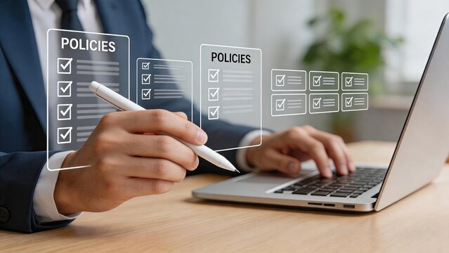 Businessman reviewing policies checklist on digital interface, corporate compliance management and strategy planning concept with laptop in modern office environment.