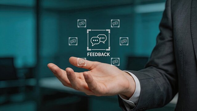 Business professional hand presenting feedback concept with speech bubble icons. Represents customer reviews, client satisfaction surveys, communication, and social media