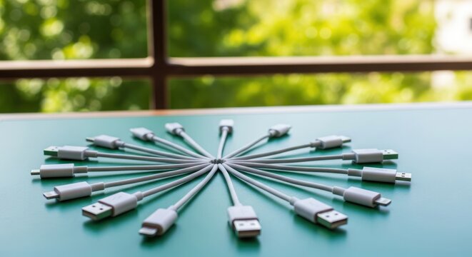 Various USB charging cables and connectors arranged in a circle on a green background.