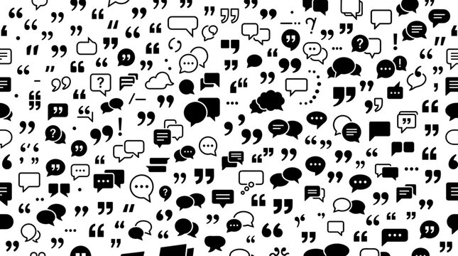 Seamless Pattern with Quote Marks and Speech Bubble Icons Featuring Text Communication Chat and Dialogue Discussion Symbols for Background Wallpaper Graphic Designs