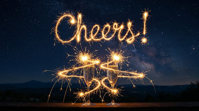 Bright sparkler light painting forming the word cheers above two elegant champagne flutes filled with bubbly wine against a dark night sky filled with many stars for a celebration photo