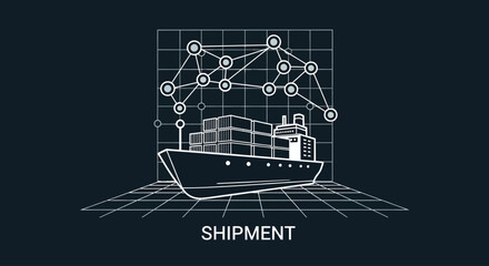 Infographic illustration of cargo ship with network connections. © Khor