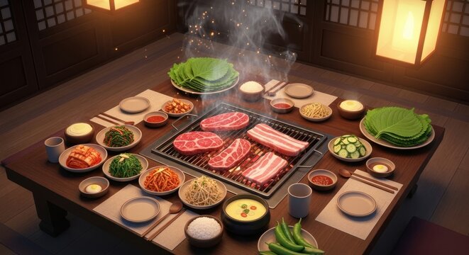 Authentic Korean BBQ feast with grilling meat and various banchan on a traditional table.