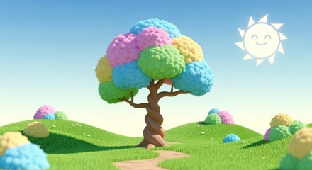Naklejka premium Whimsical Landscape with Colorful Fantasy Tree and Happy Cartoon Sun