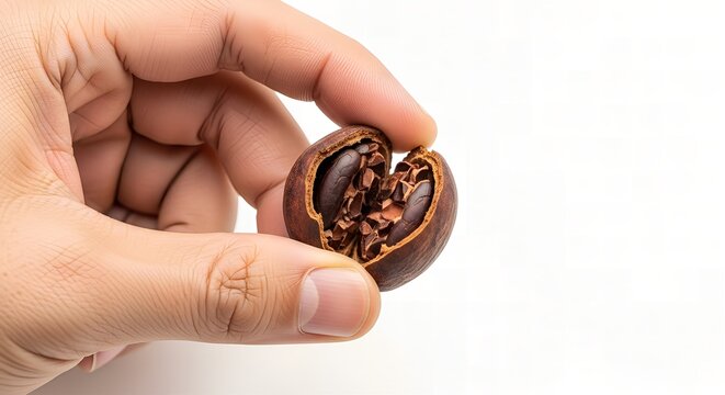 Hand Holding Cracked Brown Seed Showing Dark Kernels on White