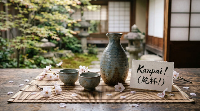 Traditional ceramic sake bottle and two matching small cups arranged elegantly on a bamboo mat with delicate cherry blossom petals and a handwritten greeting card in a peaceful garden setting.