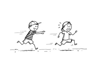 Fototapeta premium A simple black and white hand-drawn illustration showing two children running and playing a game of tag, capturing childhood energy and fun.