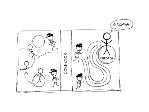 A hand-drawn black and white sketch showing stick figure police officers chasing robbers towards a finish line in a corridor layout.