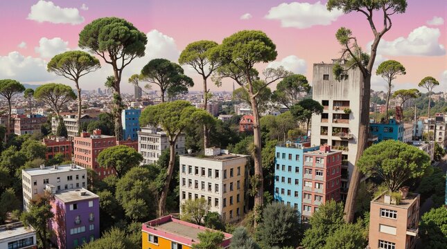Surreal cityscape with giant trees growing among colorful buildings. Fantasy green city concept.