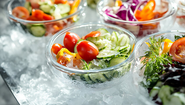Assorted fresh vegetable salads in glass bowls displayed on crushed ice for a restaurant buffet service with vibrant colors and healthy ingredients